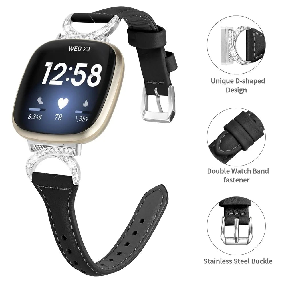 For Fitbit Versa 3 / Versa 4 / Sense / Sense 2 Watch Band Rhinestone Genuine Cowhide Leather Strap with Silver Buckle - Black - 4
