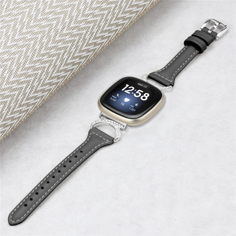 For Fitbit Versa 3 / Versa 4 / Sense / Sense 2 Watch Band Rhinestone Genuine Cowhide Leather Strap with Silver Buckle - Black - 5