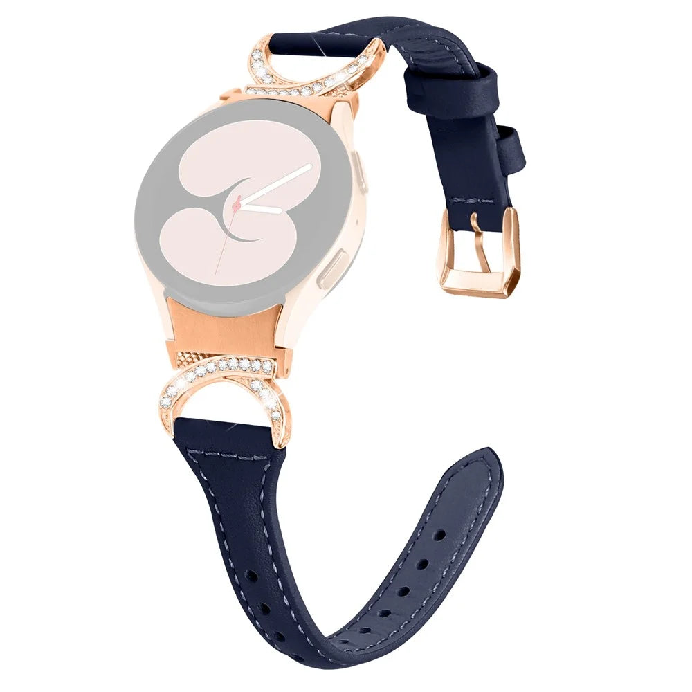 For Samsung Galaxy Watch6 40mm 44mm / Watch6 Classic 43mm 47mm / Watch 5 40mm 44mm / Watch4 40mm 44mm Leather Watch Band Rhinestone Wrist Strap with Rose Gold Buckle - Ink Blue - 1