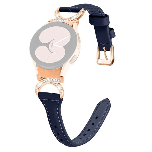 For Samsung Galaxy Watch6 40mm 44mm / Watch6 Classic 43mm 47mm / Watch 5 40mm 44mm / Watch4 40mm 44mm Leather Watch Band Rhinestone Wrist Strap with Rose Gold Buckle - Ink Blue - 1