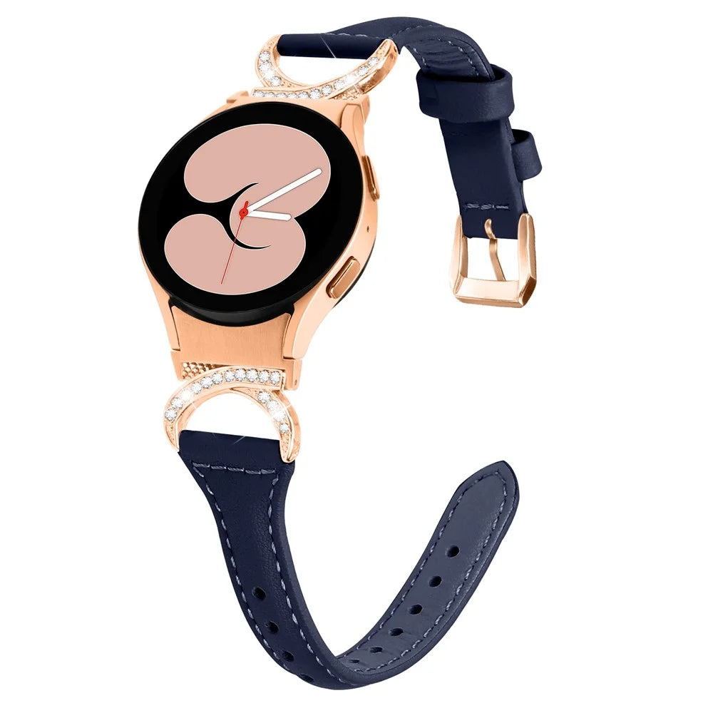 For Samsung Galaxy Watch6 40mm 44mm / Watch6 Classic 43mm 47mm / Watch 5 40mm 44mm / Watch4 40mm 44mm Leather Watch Band Rhinestone Wrist Strap with Rose Gold Buckle - Ink Blue - 2