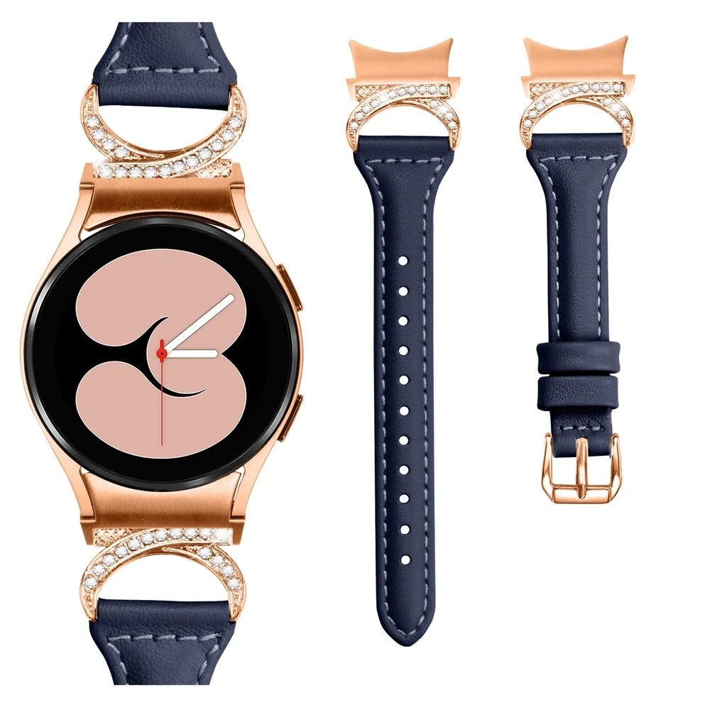 For Samsung Galaxy Watch6 40mm 44mm / Watch6 Classic 43mm 47mm / Watch 5 40mm 44mm / Watch4 40mm 44mm Leather Watch Band Rhinestone Wrist Strap with Rose Gold Buckle - Ink Blue - 3