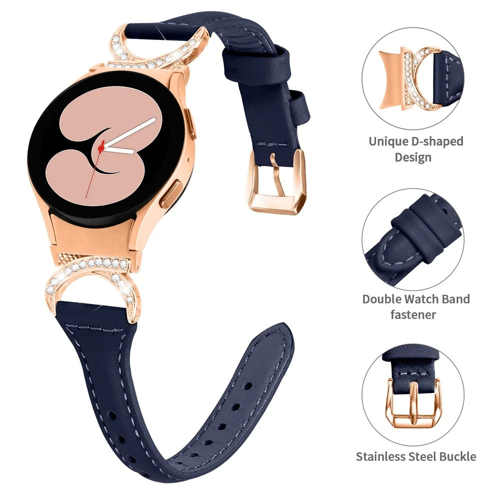 For Samsung Galaxy Watch6 40mm 44mm / Watch6 Classic 43mm 47mm / Watch 5 40mm 44mm / Watch4 40mm 44mm Leather Watch Band Rhinestone Wrist Strap with Rose Gold Buckle - Ink Blue - 4