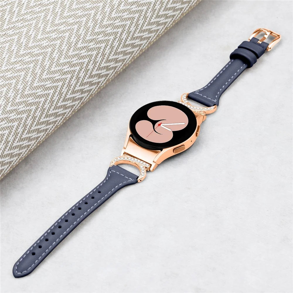 For Samsung Galaxy Watch6 40mm 44mm / Watch6 Classic 43mm 47mm / Watch 5 40mm 44mm / Watch4 40mm 44mm Leather Watch Band Rhinestone Wrist Strap with Rose Gold Buckle - Ink Blue - 5