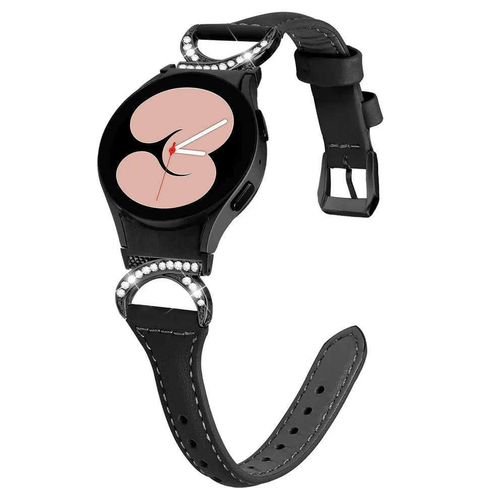 For Samsung Galaxy Watch6 40mm 44mm / Watch6 Classic 43mm 47mm / Watch 5 40mm 44mm / Watch4 40mm 44mm Watchband Rhinestone Leather Wrist Strap with Black Buckle - Black - 2