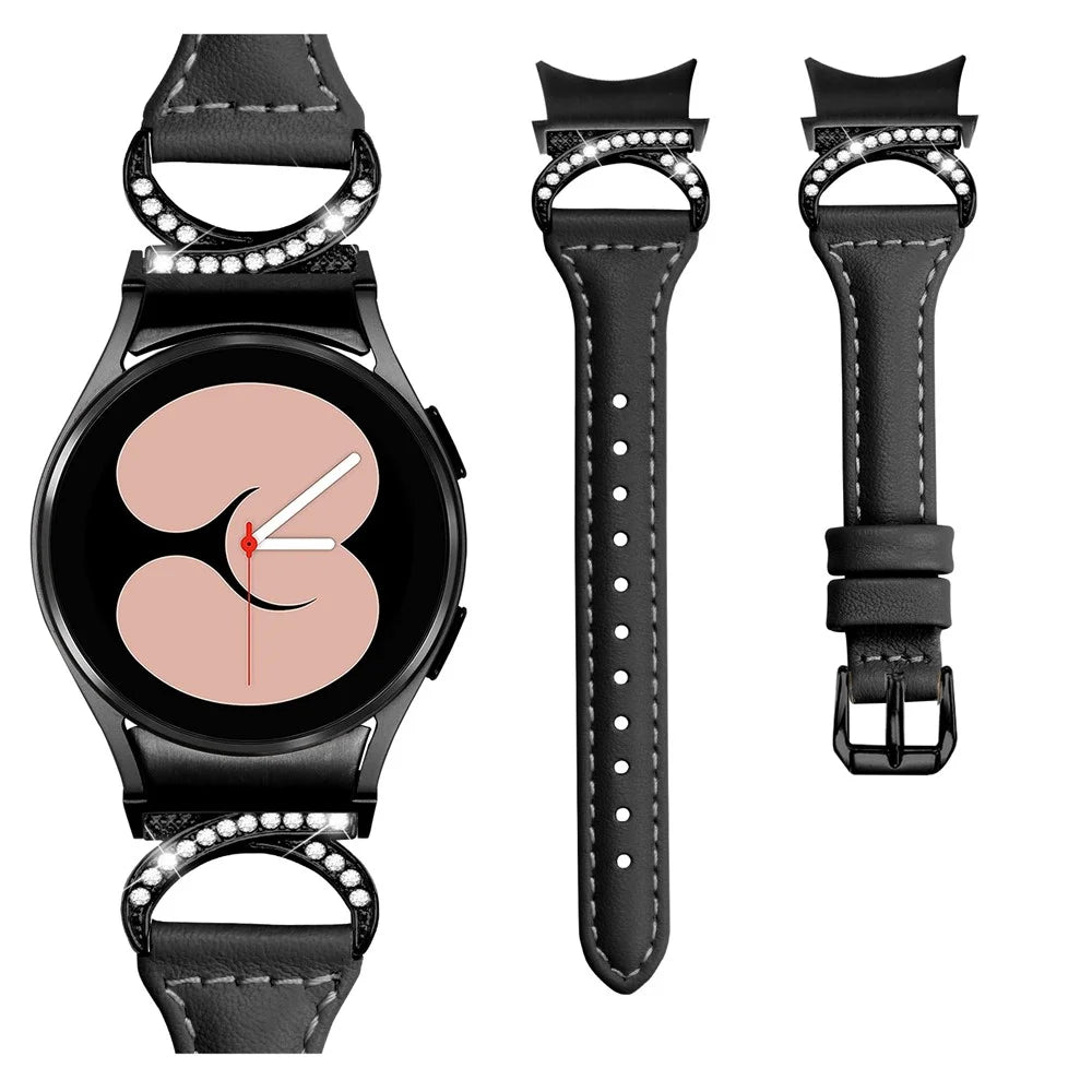 For Samsung Galaxy Watch6 40mm 44mm / Watch6 Classic 43mm 47mm / Watch 5 40mm 44mm / Watch4 40mm 44mm Watchband Rhinestone Leather Wrist Strap with Black Buckle - Black - 3