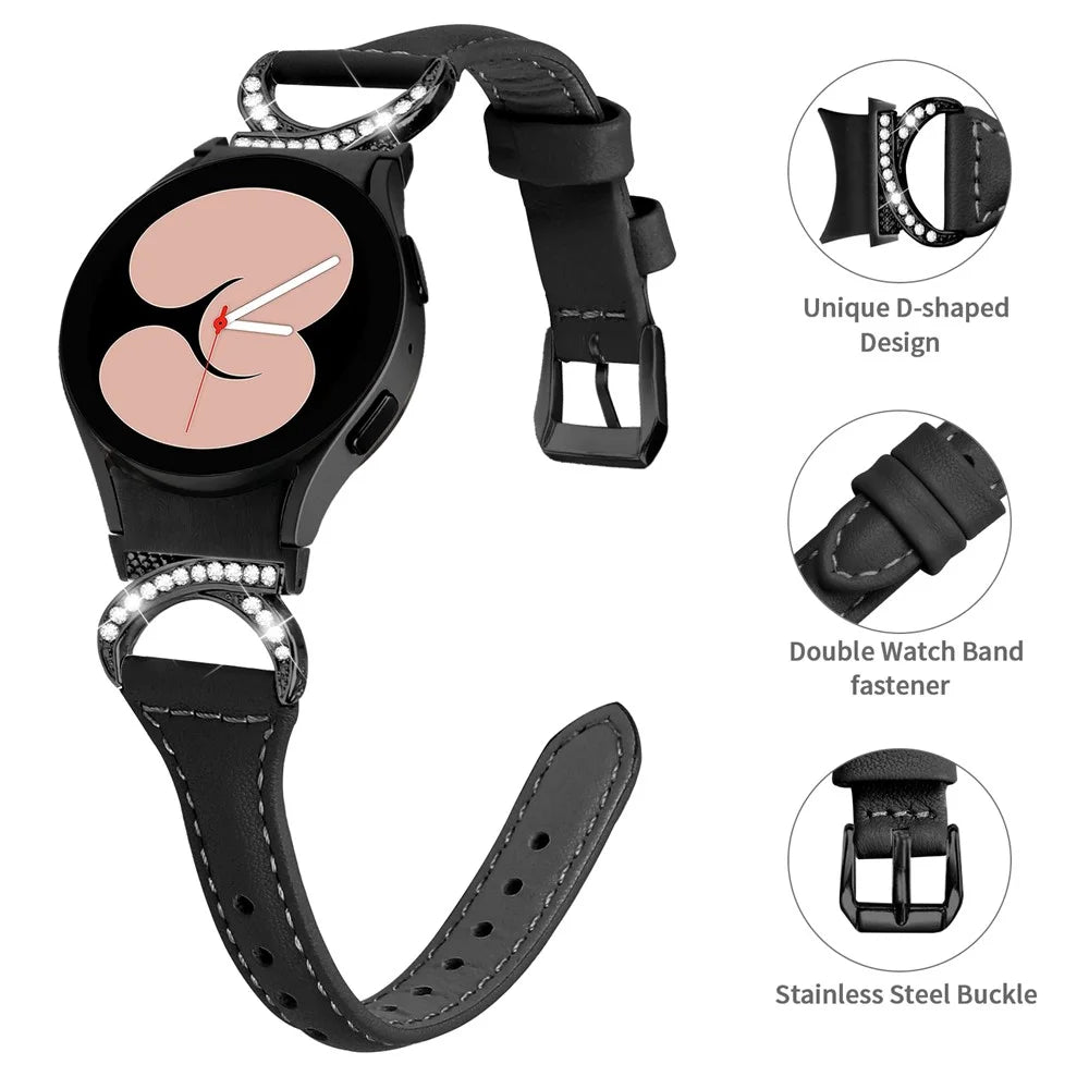 For Samsung Galaxy Watch6 40mm 44mm / Watch6 Classic 43mm 47mm / Watch 5 40mm 44mm / Watch4 40mm 44mm Watchband Rhinestone Leather Wrist Strap with Black Buckle - Black - 4