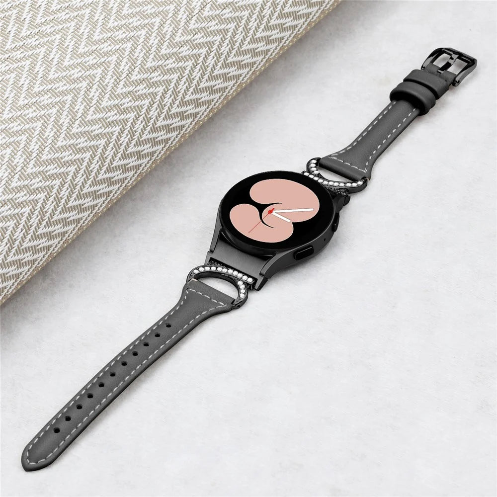 For Samsung Galaxy Watch6 40mm 44mm / Watch6 Classic 43mm 47mm / Watch 5 40mm 44mm / Watch4 40mm 44mm Watchband Rhinestone Leather Wrist Strap with Black Buckle - Black - 5