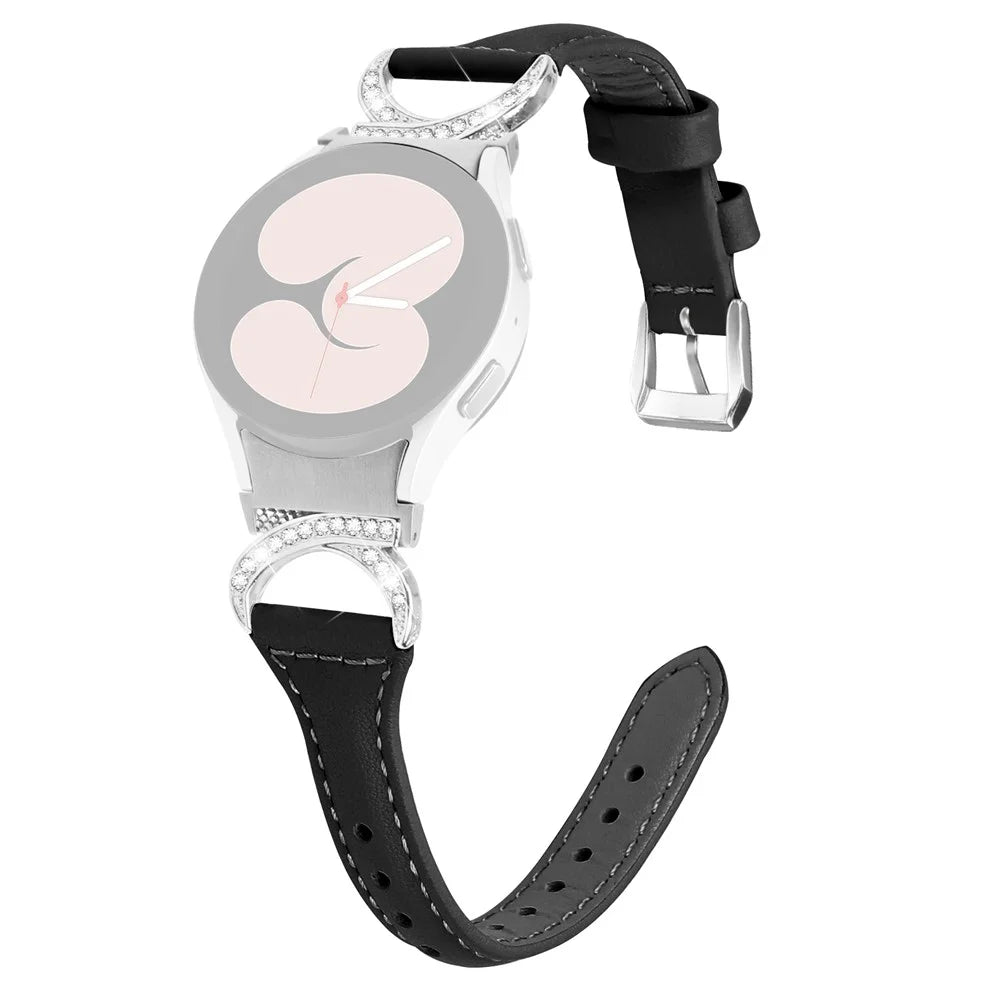 For Samsung Galaxy Watch6 40mm 44mm / Watch6 Classic 43mm 47mm / Watch 5 40mm 44mm / Watch4 40mm 44mm Watch Strap PU Leather Rhinestone Watchband with Silver Buckle - Black - 1