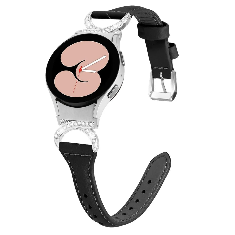 For Samsung Galaxy Watch6 40mm 44mm / Watch6 Classic 43mm 47mm / Watch 5 40mm 44mm / Watch4 40mm 44mm Watch Strap PU Leather Rhinestone Watchband with Silver Buckle - Black - 2