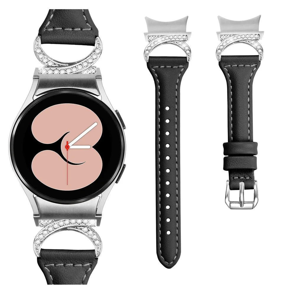 For Samsung Galaxy Watch6 40mm 44mm / Watch6 Classic 43mm 47mm / Watch 5 40mm 44mm / Watch4 40mm 44mm Watch Strap PU Leather Rhinestone Watchband with Silver Buckle - Black - 3