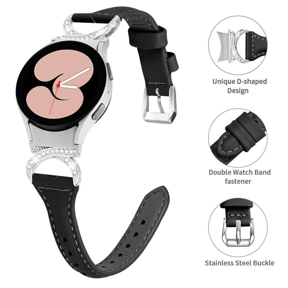 For Samsung Galaxy Watch6 40mm 44mm / Watch6 Classic 43mm 47mm / Watch 5 40mm 44mm / Watch4 40mm 44mm Watch Strap PU Leather Rhinestone Watchband with Silver Buckle - Black - 4