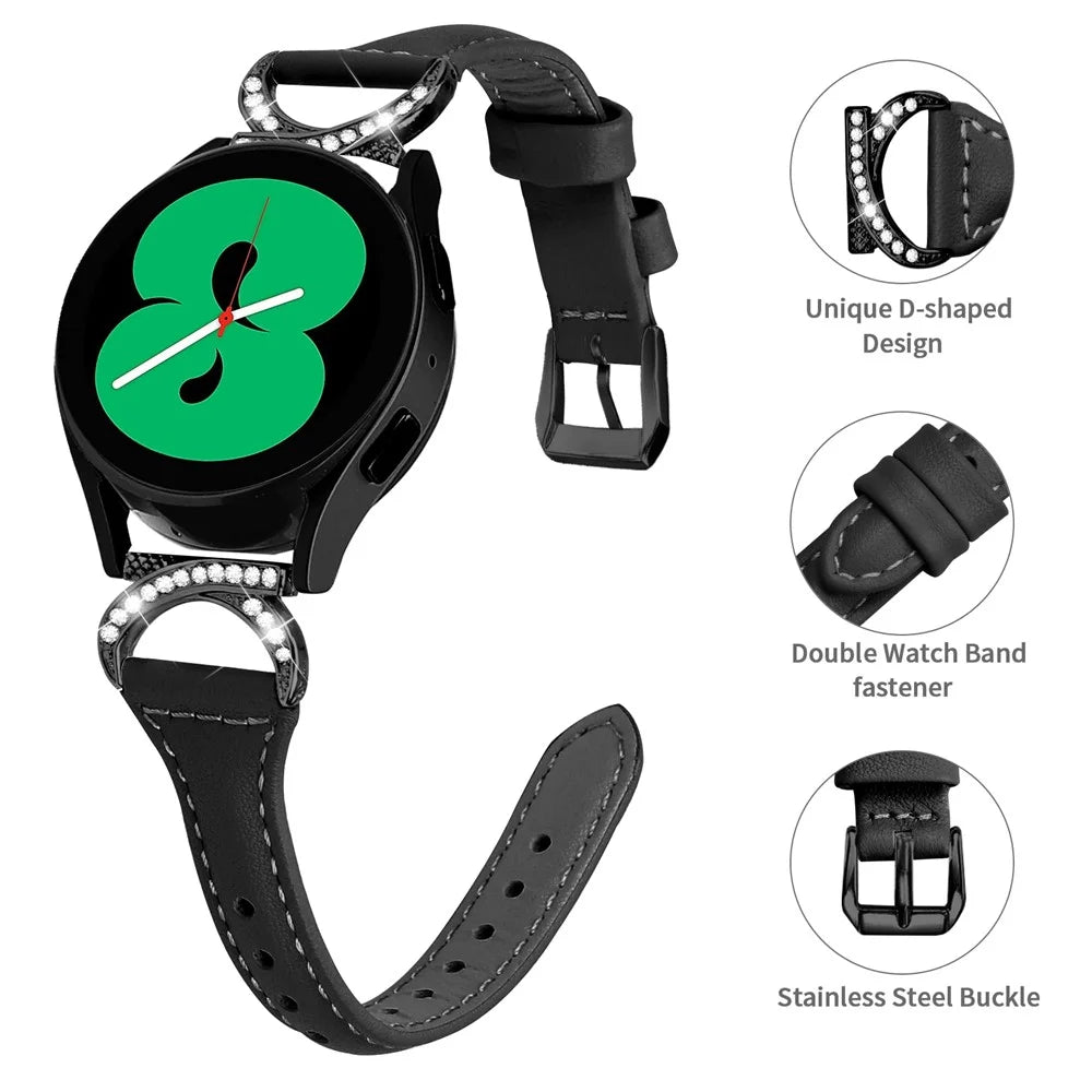 For Samsung Galaxy Watch 3 41mm / Watch6 40mm 44mm / Watch6 Classic 43mm 47mm / Watch 5 40mm 44mm / Watch4 40mm 44mm Watch Strap 20mm Leather Wristband with Black Buckle - Black - 4