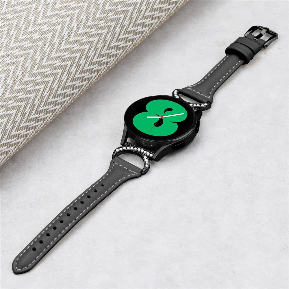 For Samsung Galaxy Watch 3 41mm / Watch6 40mm 44mm / Watch6 Classic 43mm 47mm / Watch 5 40mm 44mm / Watch4 40mm 44mm Watch Strap 20mm Leather Wristband with Black Buckle - Black - 5