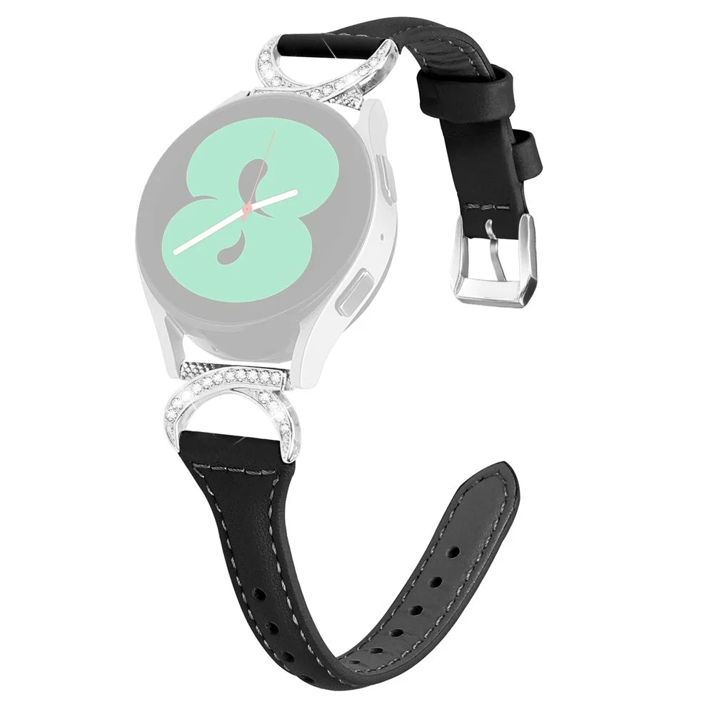 For Samsung Galaxy Watch 3 41mm / Watch6 40mm 44mm / Watch6 Classic 43mm 47mm / Watch 5 40mm 44mm / Watch4 40mm 44mm Leather Watch Band 20mm Wrist Strap with Silver Buckle - Black - 1