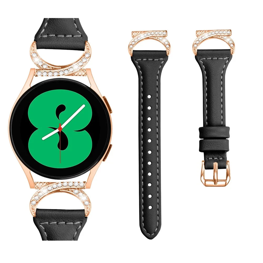 For Samsung Galaxy Watch 3 41mm / Watch6 40mm 44mm / Watch6 Classic 43mm 47mm / Watch 5 40mm 44mm / Watch4 40mm 44mm Leather Watch Strap 20mm Watch Band with Rose Gold Buckle - Black - 3