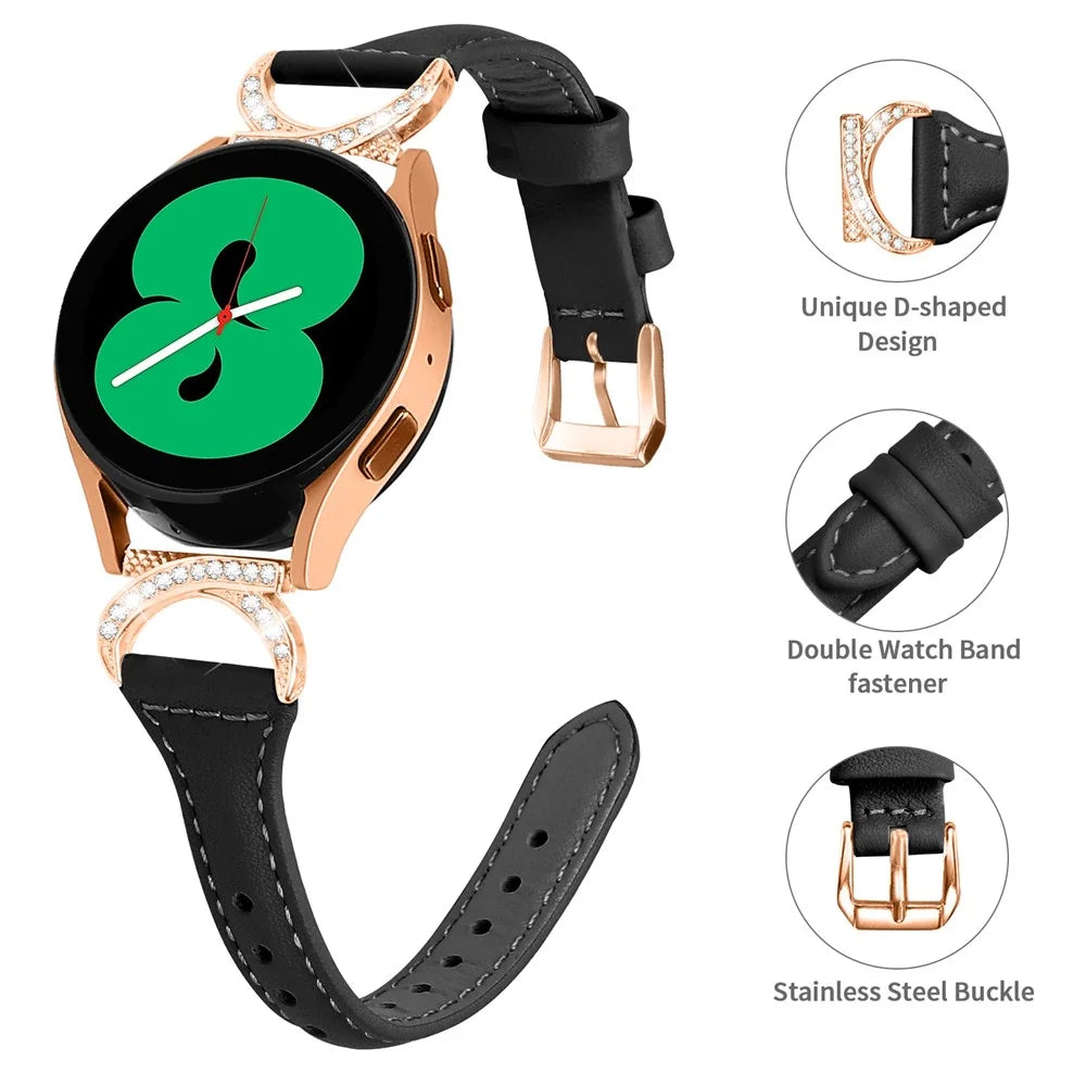For Samsung Galaxy Watch 3 41mm / Watch6 40mm 44mm / Watch6 Classic 43mm 47mm / Watch 5 40mm 44mm / Watch4 40mm 44mm Leather Watch Strap 20mm Watch Band with Rose Gold Buckle - Black - 4