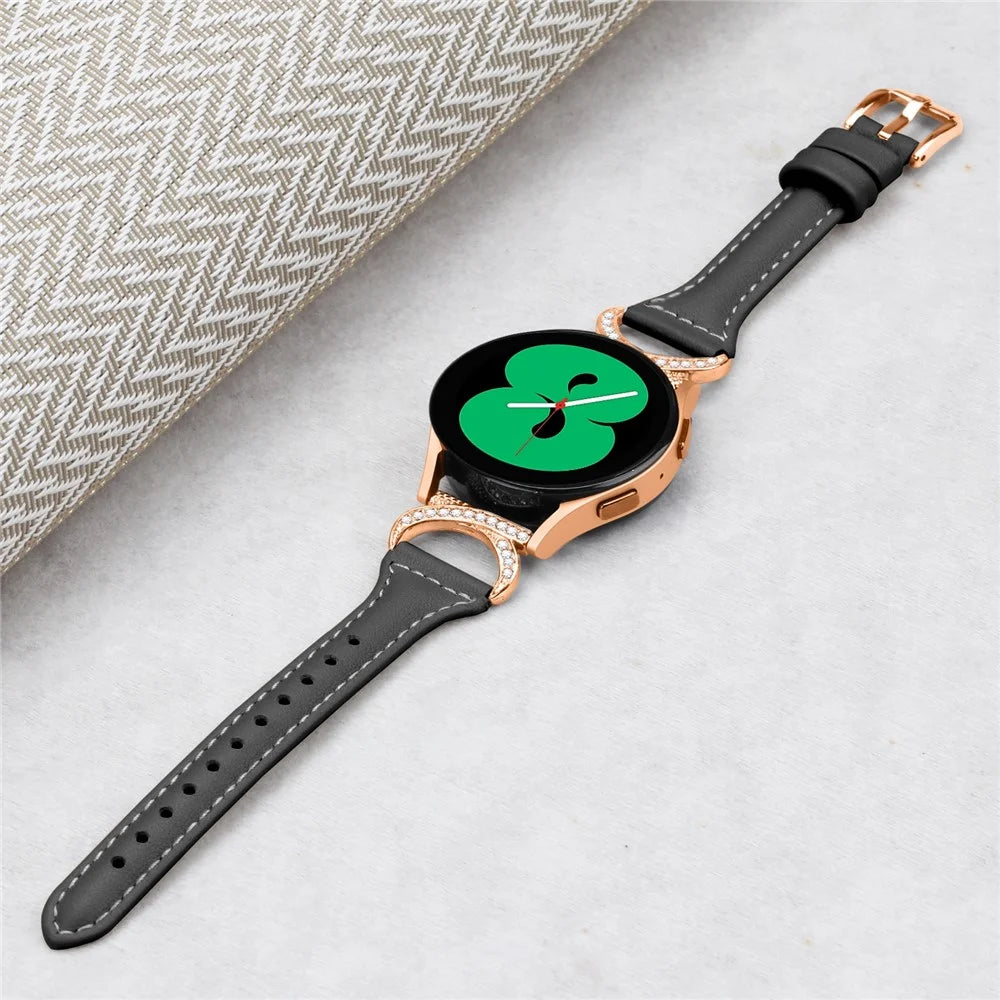 For Samsung Galaxy Watch 3 41mm / Watch6 40mm 44mm / Watch6 Classic 43mm 47mm / Watch 5 40mm 44mm / Watch4 40mm 44mm Leather Watch Strap 20mm Watch Band with Rose Gold Buckle - Black - 5
