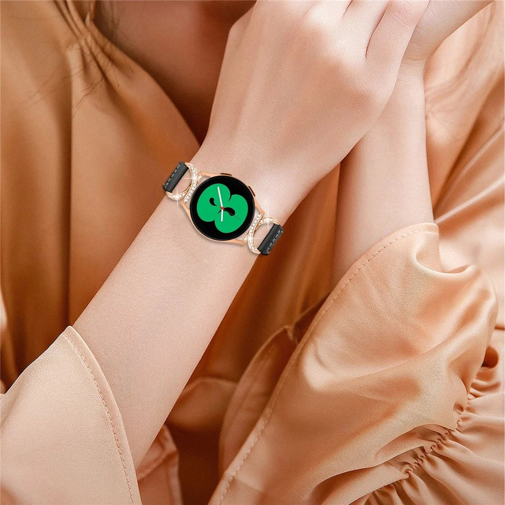 For Samsung Galaxy Watch 3 41mm / Watch6 40mm 44mm / Watch6 Classic 43mm 47mm / Watch 5 40mm 44mm / Watch4 40mm 44mm Leather Watch Strap 20mm Watch Band with Rose Gold Buckle - Black - 6