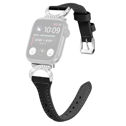 Watch Band for Apple Watch Series 11 10 42mm / 9 8 7 41mm / SE3 SE2 SE 6 5 4 40mm / 3 2 1 38mm Genuine Cowhide Leather Rhinestone Strap with Silver Buckle - Black - 1