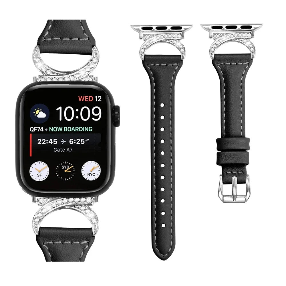Watch Band for Apple Watch Series 11 10 42mm / 9 8 7 41mm / SE3 SE2 SE 6 5 4 40mm / 3 2 1 38mm Genuine Cowhide Leather Rhinestone Strap with Silver Buckle - Black - 3
