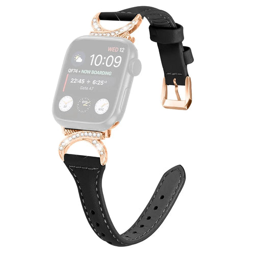 Genuine Cowhide Leather Band for Apple Watch Series 11 10 42mm / 9 8 7 41mm / SE3 SE2 SE 6 5 4 40mm / 3 2 1 38mm Rhinestone Strap with Rose Gold Buckle - Black - 1