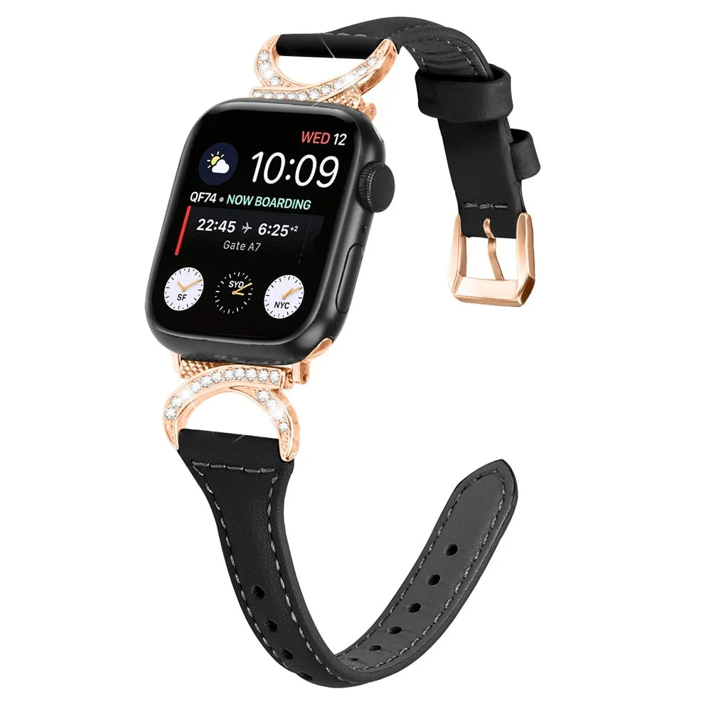 Genuine Cowhide Leather Band for Apple Watch Series 11 10 42mm / 9 8 7 41mm / SE3 SE2 SE 6 5 4 40mm / 3 2 1 38mm Rhinestone Strap with Rose Gold Buckle - Black - 2