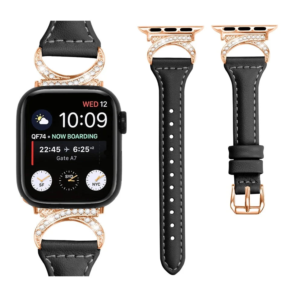Genuine Cowhide Leather Band for Apple Watch Series 11 10 42mm / 9 8 7 41mm / SE3 SE2 SE 6 5 4 40mm / 3 2 1 38mm Rhinestone Strap with Rose Gold Buckle - Black - 3