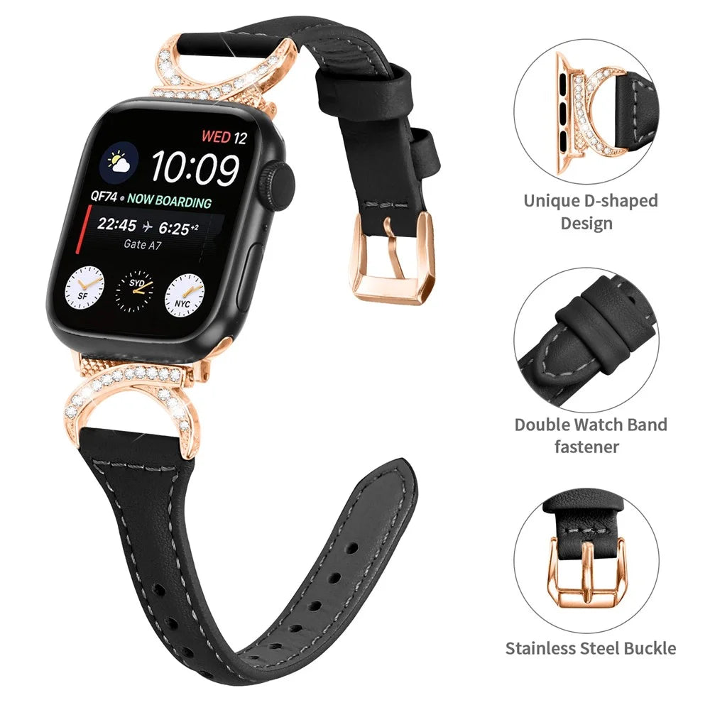 Genuine Cowhide Leather Band for Apple Watch Series 11 10 42mm / 9 8 7 41mm / SE3 SE2 SE 6 5 4 40mm / 3 2 1 38mm Rhinestone Strap with Rose Gold Buckle - Black - 4