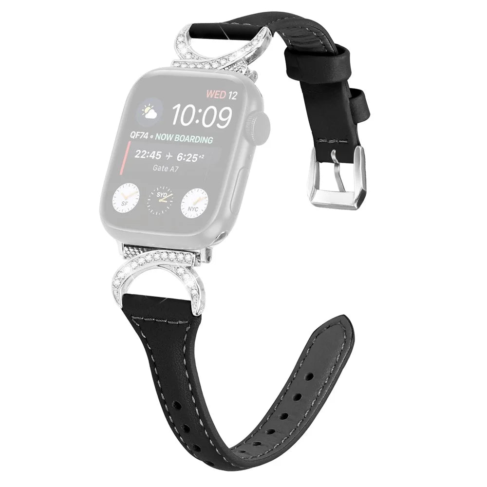 Genuine Cowhide Leather Strap for Apple Watch Ultra 3 2 1 49mm / Series 11 10 46mm / 9 8 7 45mm / SE3 SE2 SE 6 5 4 44mm / 3 2 1 42mm Watch Band with Silver Buckle - Black - 1
