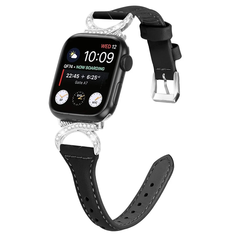 Genuine Cowhide Leather Strap for Apple Watch Ultra 3 2 1 49mm / Series 11 10 46mm / 9 8 7 45mm / SE3 SE2 SE 6 5 4 44mm / 3 2 1 42mm Watch Band with Silver Buckle - Black - 2