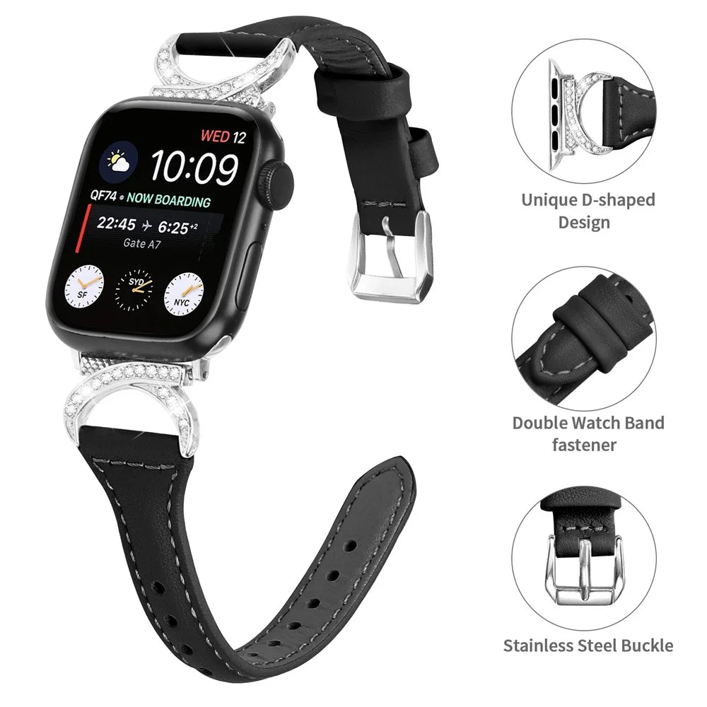 Genuine Cowhide Leather Strap for Apple Watch Ultra 3 2 1 49mm / Series 11 10 46mm / 9 8 7 45mm / SE3 SE2 SE 6 5 4 44mm / 3 2 1 42mm Watch Band with Silver Buckle - Black - 4
