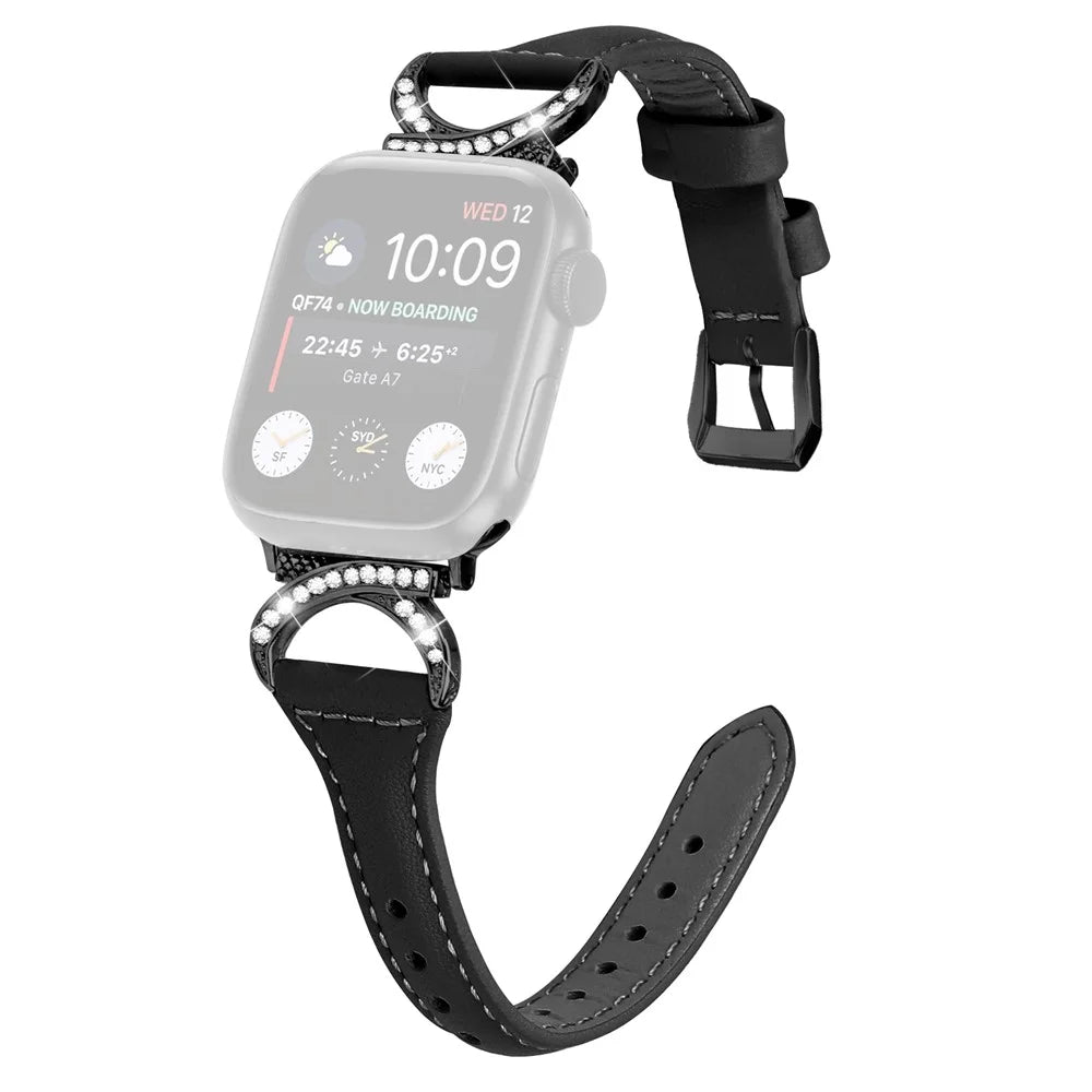 Genuine Cowhide Leather Watch Band for Apple Watch Ultra 3 2 1 49mm / Series 11 10 46mm / 9 8 7 45mm / SE3 SE2 SE 6 5 4 44mm / 3 2 1 42mm Strap with Black Buckle - Black - 1