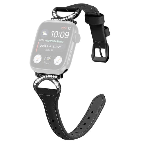 Genuine Cowhide Leather Watch Band for Apple Watch Ultra 3 2 1 49mm / Series 11 10 46mm / 9 8 7 45mm / SE3 SE2 SE 6 5 4 44mm / 3 2 1 42mm Strap with Black Buckle - Black - 1