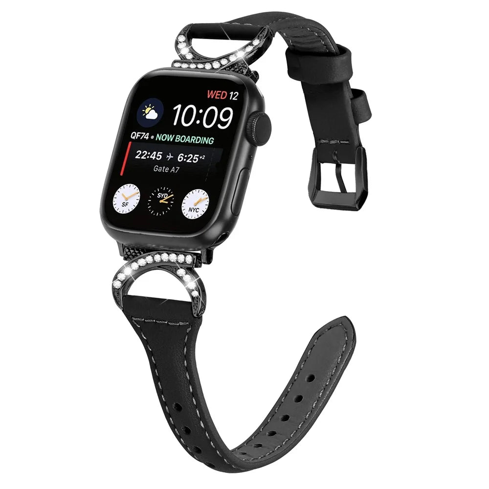 Genuine Cowhide Leather Watch Band for Apple Watch Ultra 3 2 1 49mm / Series 11 10 46mm / 9 8 7 45mm / SE3 SE2 SE 6 5 4 44mm / 3 2 1 42mm Strap with Black Buckle - Black - 2