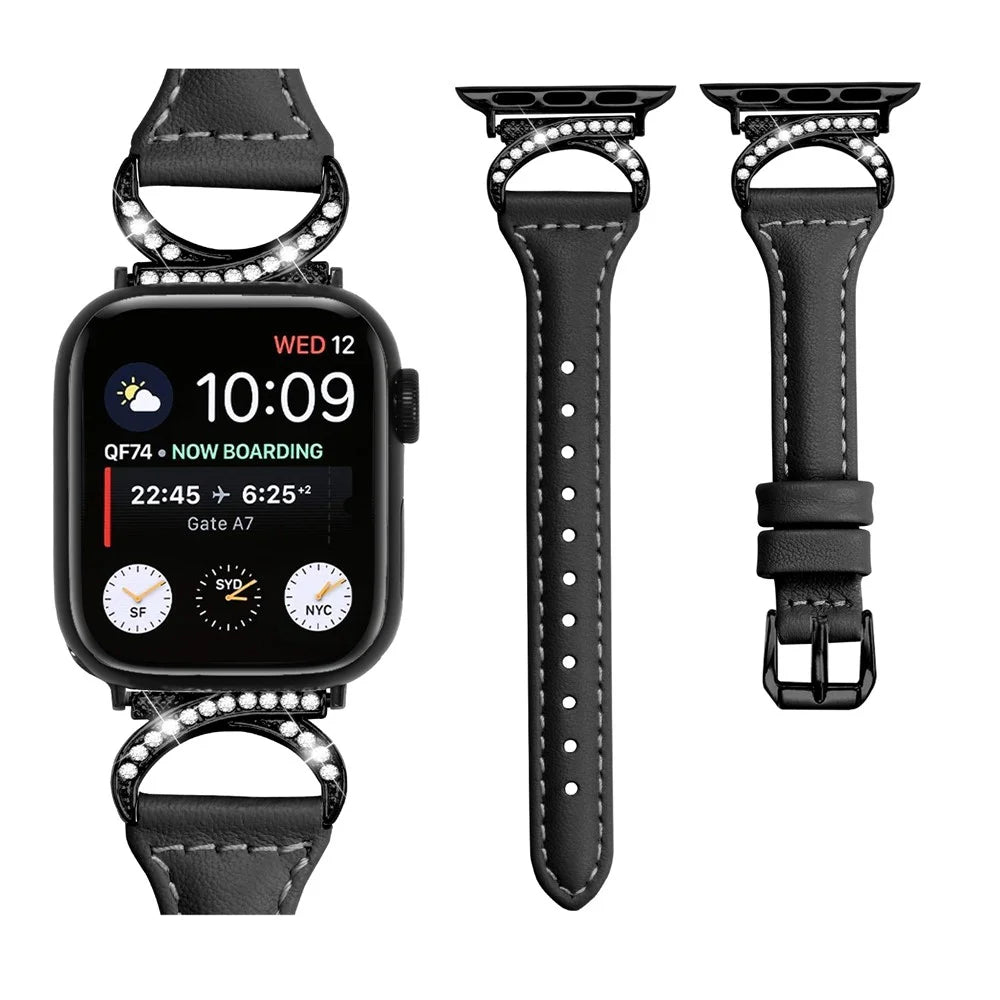 Genuine Cowhide Leather Watch Band for Apple Watch Ultra 3 2 1 49mm / Series 11 10 46mm / 9 8 7 45mm / SE3 SE2 SE 6 5 4 44mm / 3 2 1 42mm Strap with Black Buckle - Black - 3