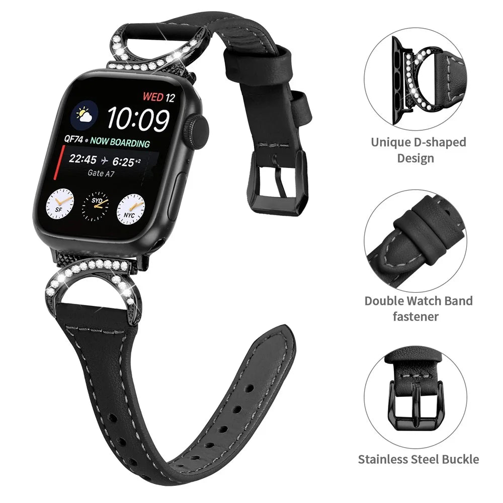 Genuine Cowhide Leather Watch Band for Apple Watch Ultra 3 2 1 49mm / Series 11 10 46mm / 9 8 7 45mm / SE3 SE2 SE 6 5 4 44mm / 3 2 1 42mm Strap with Black Buckle - Black - 4