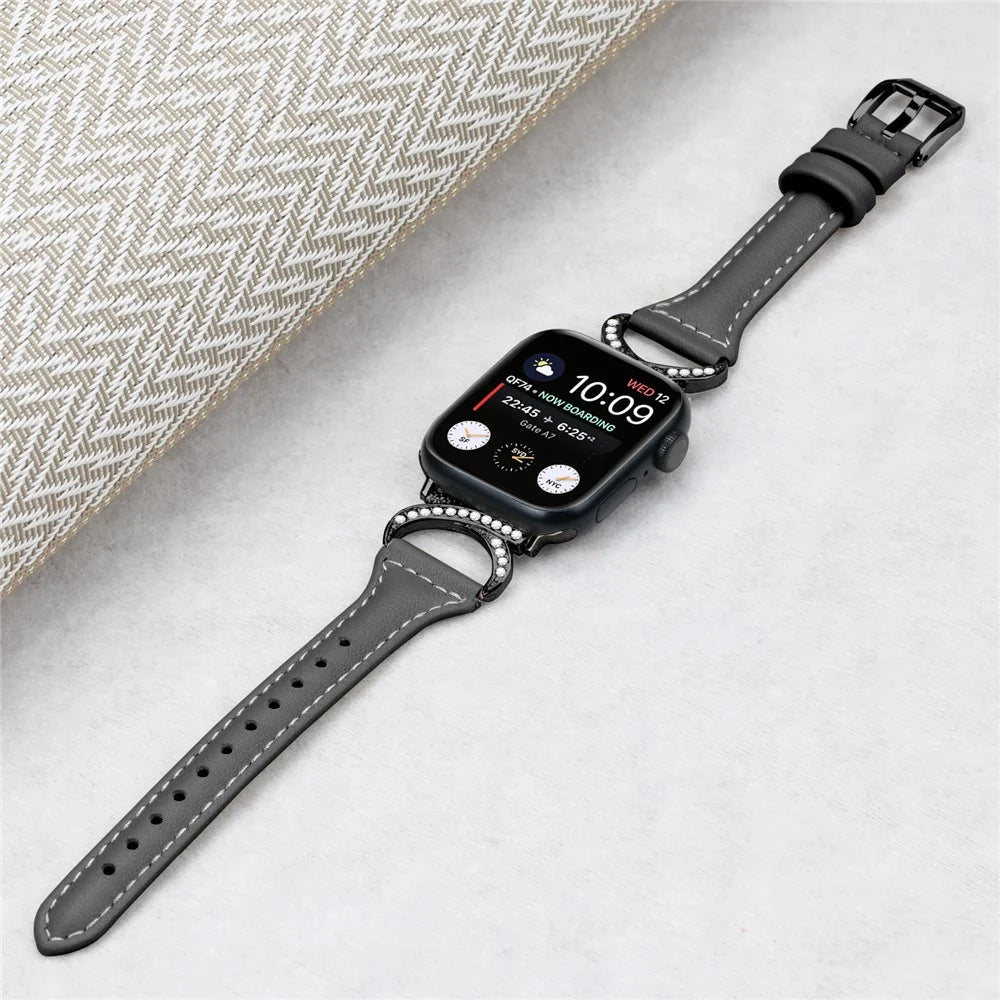 Genuine Cowhide Leather Watch Band for Apple Watch Ultra 3 2 1 49mm / Series 11 10 46mm / 9 8 7 45mm / SE3 SE2 SE 6 5 4 44mm / 3 2 1 42mm Strap with Black Buckle - Black - 5