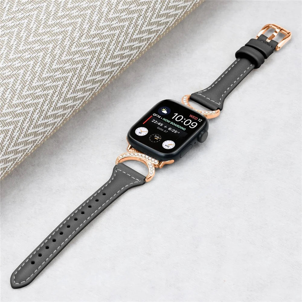 Band for Apple Watch Ultra 3 2 1 49mm / Series 11 10 46mm / 9 8 7 45mm / SE3 SE2 SE 6 5 4 44mm / 3 2 1 42mm Genuine Cowhide Leather Watch Strap with Rose Gold Buckle - Black - 5