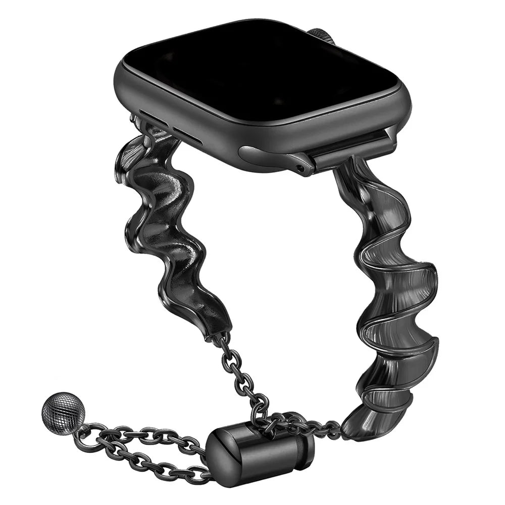 For Apple Watch Ultra 3 2 1 49mm / Series 11 10 46mm / 9 8 7 45mm / SE3 SE2 SE 6 5 4 44mm / 3 2 1 42mm Ribbon Shape Metal Watch Strap - Black - 2