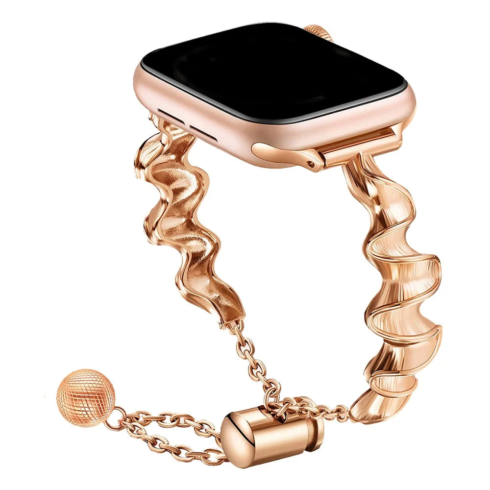 Waxy Cowhide Leather Watchband for Apple Watch Series 11 10 42mm / 9 8 7 41mm / SE3 SE2 SE 6 5 4 40mm / 3 2 1 38mm Metal Ribbon Shape Smartwatch Strap - Rose Gold - 2