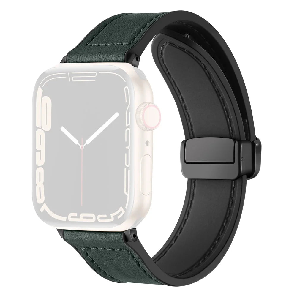 Magnetic Strap for Apple Watch Series 11 10 42mm / 9 8 7 41mm / SE3 SE2 SE 6 5 4 40mm / 3 2 1 38mm Leather Coated Silicone Watchband - Army Green - 1