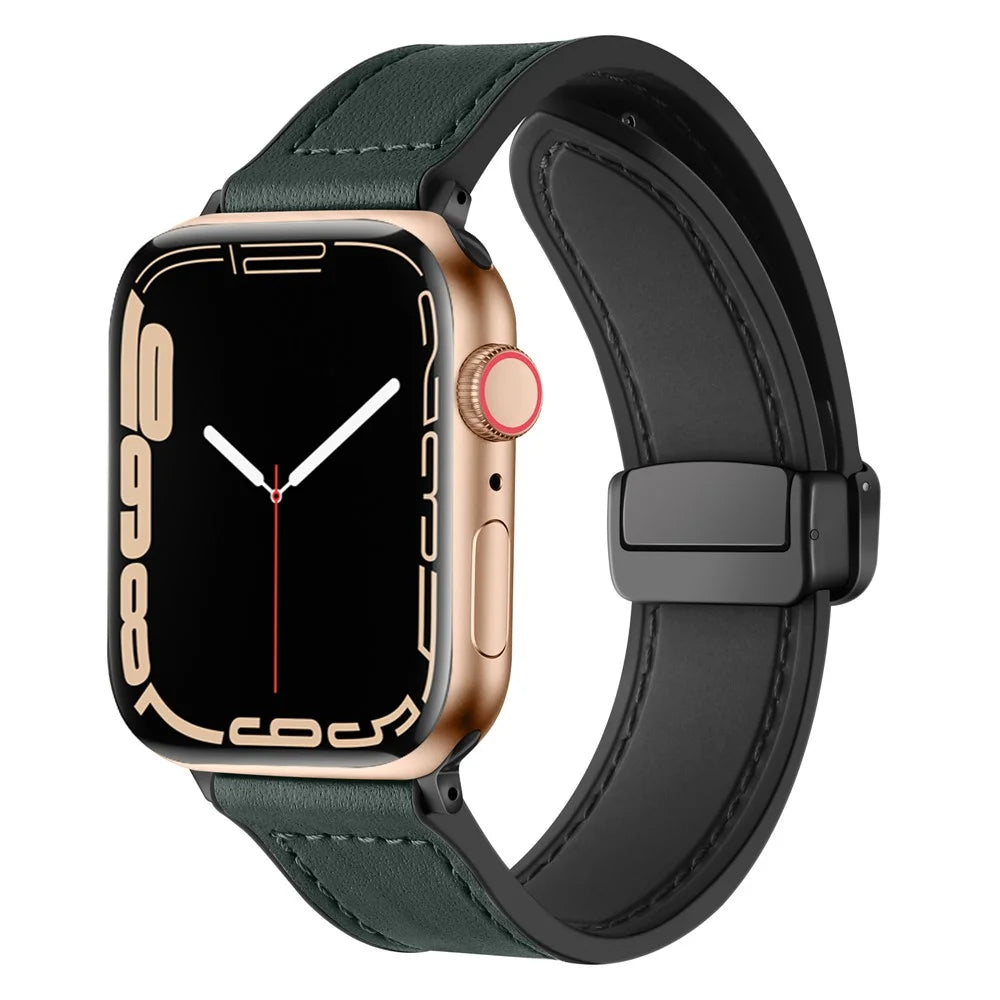 Magnetic Strap for Apple Watch Series 11 10 42mm / 9 8 7 41mm / SE3 SE2 SE 6 5 4 40mm / 3 2 1 38mm Leather Coated Silicone Watchband - Army Green - 2