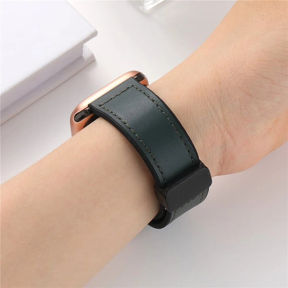 Magnetic Strap for Apple Watch Series 11 10 42mm / 9 8 7 41mm / SE3 SE2 SE 6 5 4 40mm / 3 2 1 38mm Leather Coated Silicone Watchband - Army Green - 3