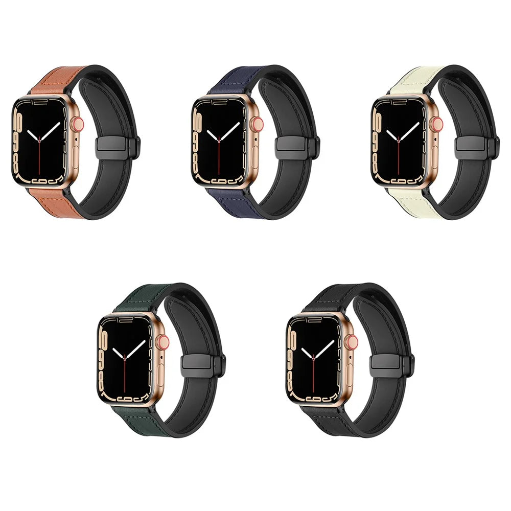 Magnetic Strap for Apple Watch Series 11 10 42mm / 9 8 7 41mm / SE3 SE2 SE 6 5 4 40mm / 3 2 1 38mm Leather Coated Silicone Watchband - Army Green - 4
