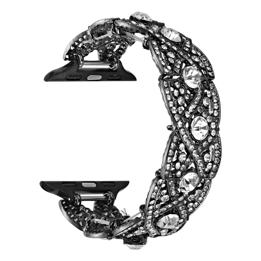 Waxy Cowhide Leather Watchband for Apple Watch Series 11 10 42mm / 9 8 7 41mm / SE3 SE2 SE 6 5 4 40mm / 3 2 1 38mm Rhinestone Decor Crossover Design Metal Waxy Strap - Black - 1