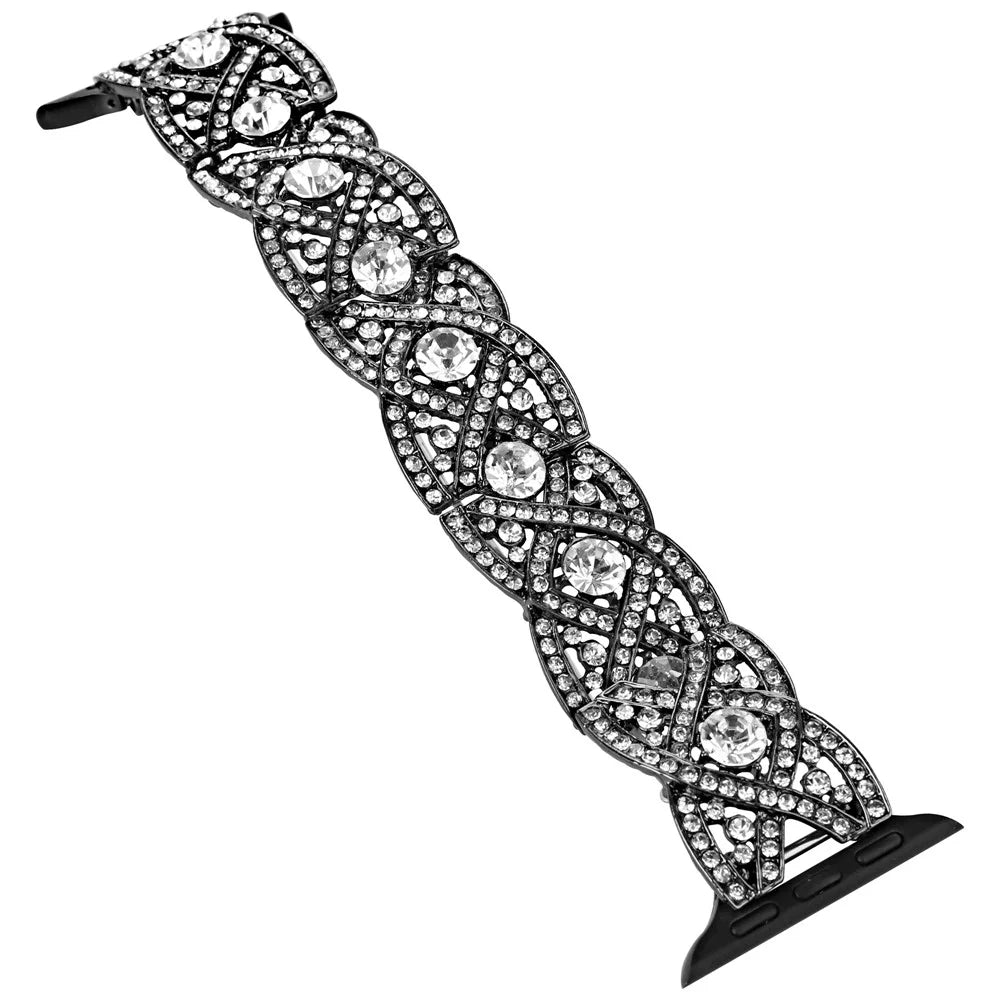 Waxy Cowhide Leather Watchband for Apple Watch Series 11 10 42mm / 9 8 7 41mm / SE3 SE2 SE 6 5 4 40mm / 3 2 1 38mm Rhinestone Decor Crossover Design Metal Waxy Strap - Black - 2