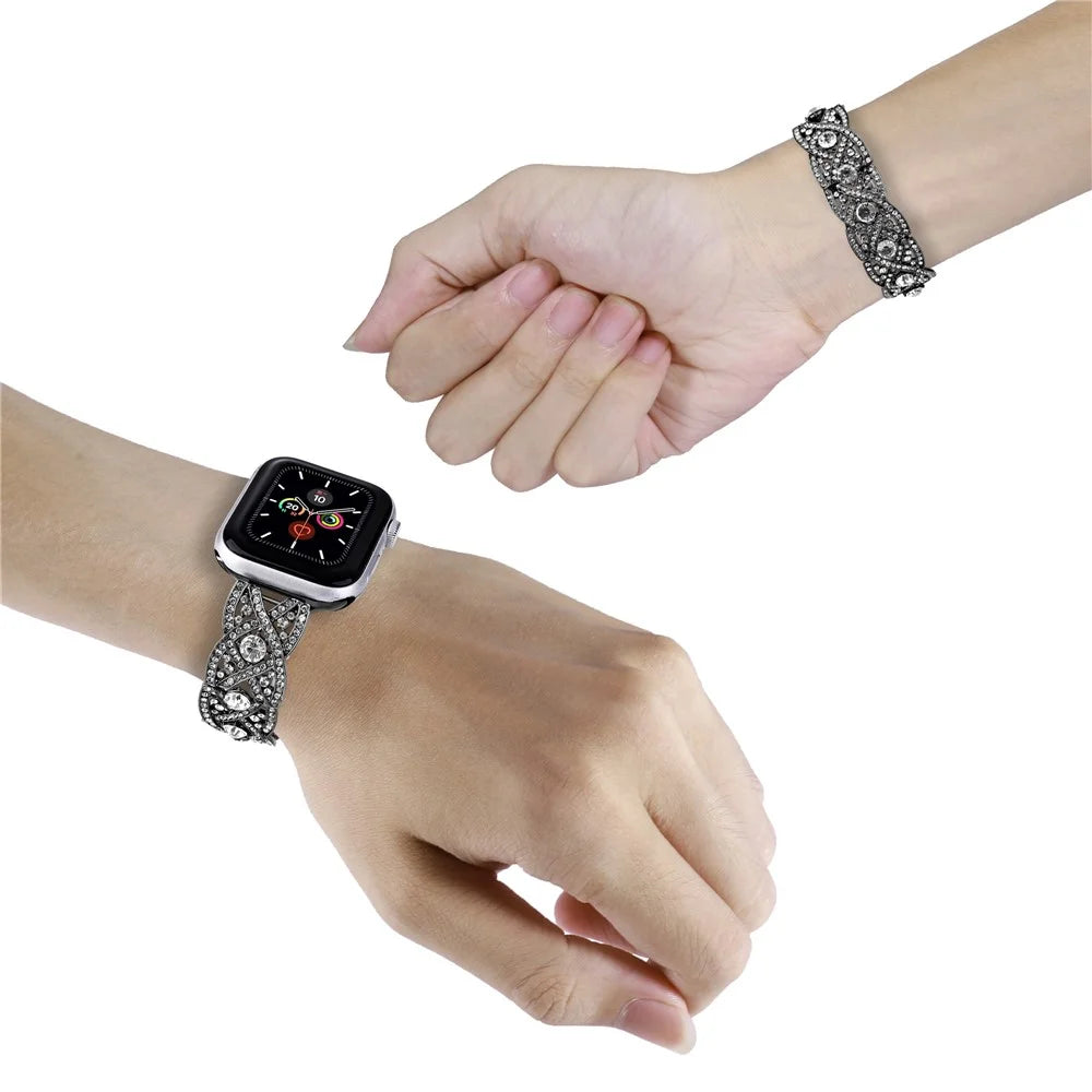 Waxy Cowhide Leather Watchband for Apple Watch Series 11 10 42mm / 9 8 7 41mm / SE3 SE2 SE 6 5 4 40mm / 3 2 1 38mm Rhinestone Decor Crossover Design Metal Waxy Strap - Black - 3