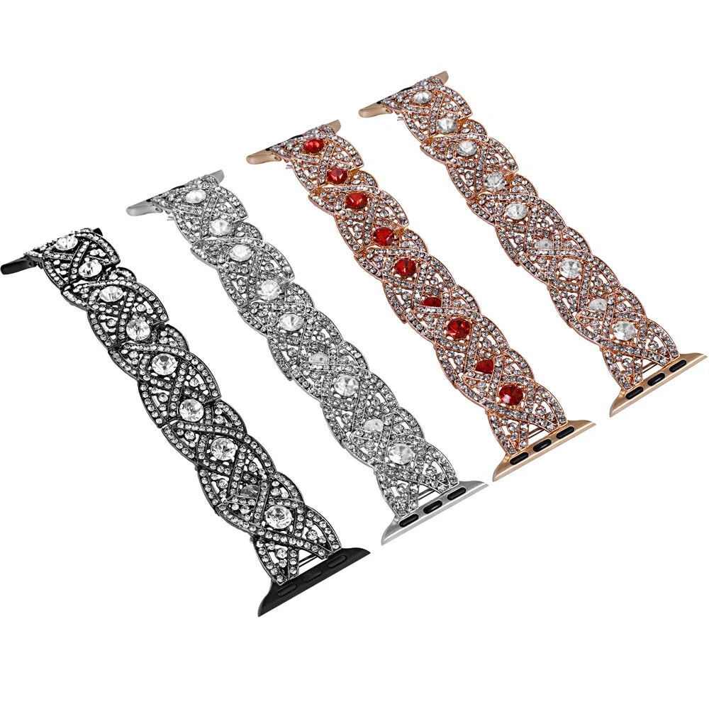 Waxy Cowhide Leather Watchband for Apple Watch Series 11 10 42mm / 9 8 7 41mm / SE3 SE2 SE 6 5 4 40mm / 3 2 1 38mm Rhinestone Decor Crossover Design Metal Waxy Strap - Black - 4