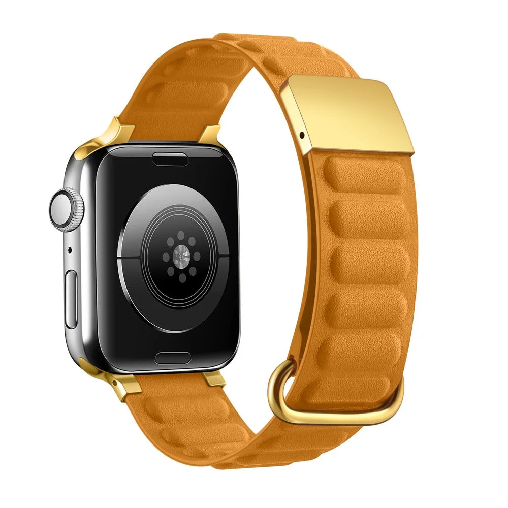 Watch Strap for Apple Watch Series 11 10 42mm / 9 8 7 41mm / SE3 SE2 SE 6 5 4 40mm / 3 2 1 38mm Magnetic Watchband Genuine Cow Leather Watch Strap - Orange - 1